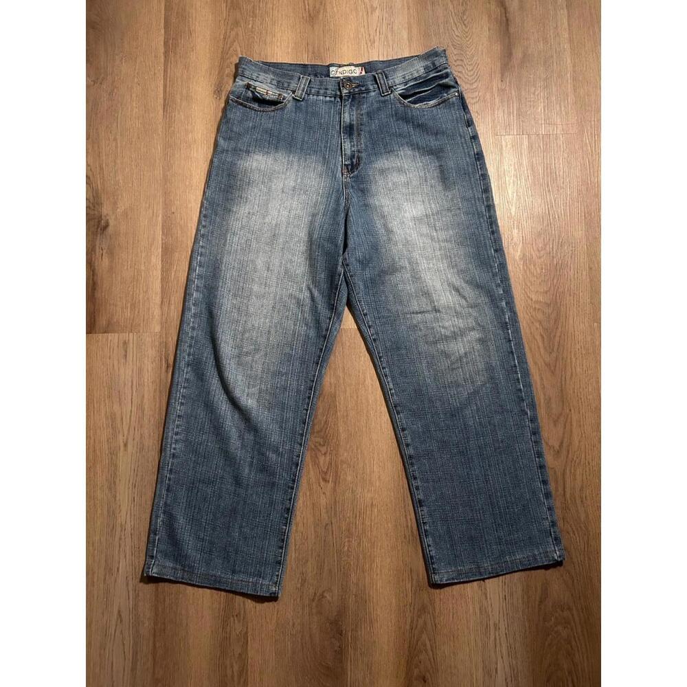 Vintage 90s Y2K Indigo 38x34 Baggy Skater Jeans Men's Wide Leg Embroidered Sz 34